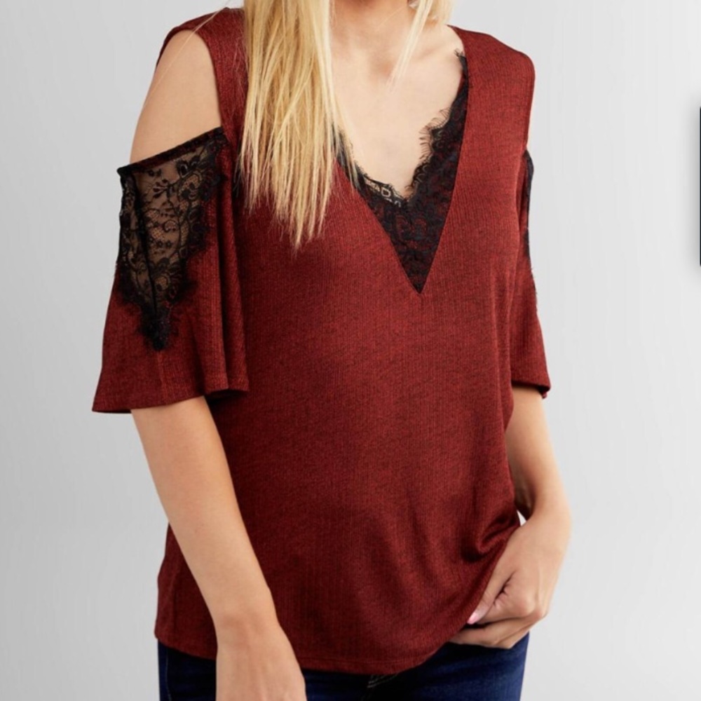 Eyelash Lace Trim Cold Shoulder Top
